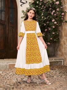 Tween Girls Simple Chic White & Black Ditsy Floral Ruffle Hem Dress - Yellow - View 1