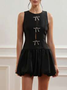 Chiquease Elegant & Delicate Round Neck Sleeveless Halter Design Heavily Embellished Sequin Bow Decor Ruched Flare Hem Mini Dress For Women   Old Money Style For Summer Spring Fall Autumn - Black - View 6