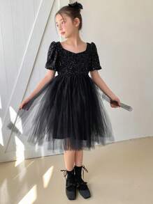 DAZY 青少年女孩时尚亮片撞色网眼泡泡袖连衣裙，女孩夏季服装，返校服装 - 黑色 - 查看 3