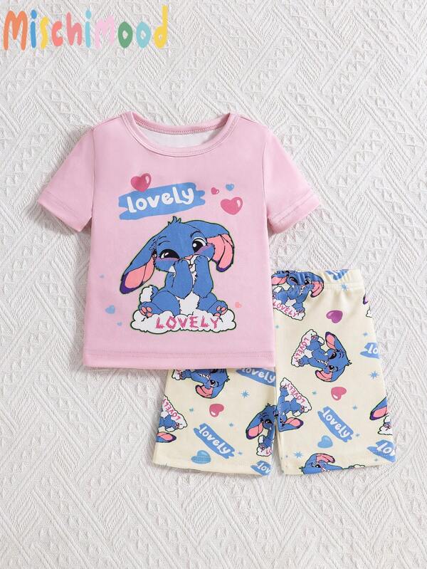Infant Baby Girl Cute Rabbit Printed Short Sleeve Top And Shorts 2pcs Set, Contrast Color Pajamas Toddler Outfit Sets Baby Clothes Set Toddler Set Baby Clothing Set Tight Fit Pajama","Tight Fit" Snug Fit