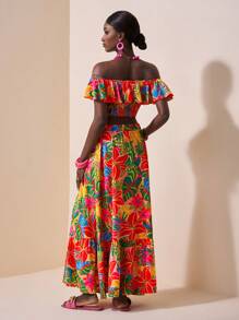 Zivah 2pcs/Set Women's Tropical Plant Print Off Shoulder Crop Top And High Slit Skirt Vacation Casual Outfit