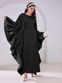 Al Najma 女士优雅圆领荷叶边宽松阿拉伯长袍连衣裙，端庄 - 黑色 - 查看 3