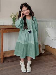 DAZY Mid-Calf A-Line Lace Splice Solid Princess Round Neck Long Sleeve Tween Girls Dress - Green - View 2