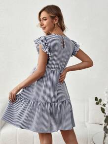 SHEIN Maternity Striped Round Neck Ruffle Trim Casual Dress - Navy Blue - View 2