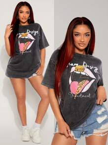 SHEIN SXY Summer;Oversized Vintage Distressed Snow Washed Short Sleeve T-Shirt, Loose Fit Pullover Tee With Leopard Lip Print, Versatile Casual/Sport/Party Wear For Spring & Autumn - Black - View 1