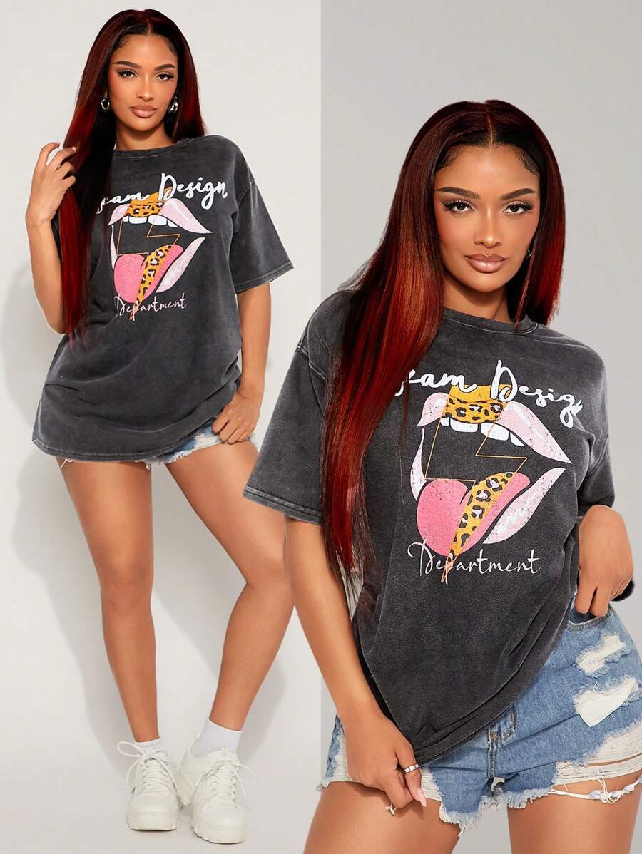 SHEIN SXY Summer;Oversized Vintage Distressed Snow Washed Short Sleeve T-Shirt, Loose Fit Pullover Tee With Leopard Lip Print, Versatile Casual/Sport/Party Wear For Spring & Autumn - Black - View 1