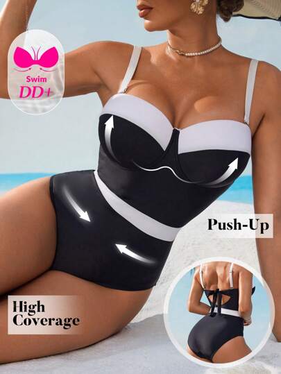 Swim DD+ Traje de baño de una pieza con estilo retro de color blanco y negro contrastante, sexy y con alambre, para uso en la playa en verano