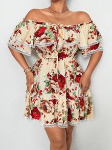 Flirla Plus Size Sexy Lace Bow Off The Shoulder Vacation Dress - Apricot - View 1