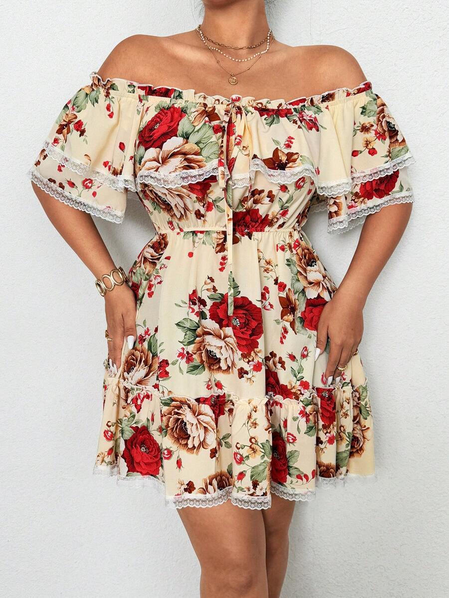 Flirla Plus Size Sexy Lace Bow Off The Shoulder Vacation Dress - Apricot - View 1