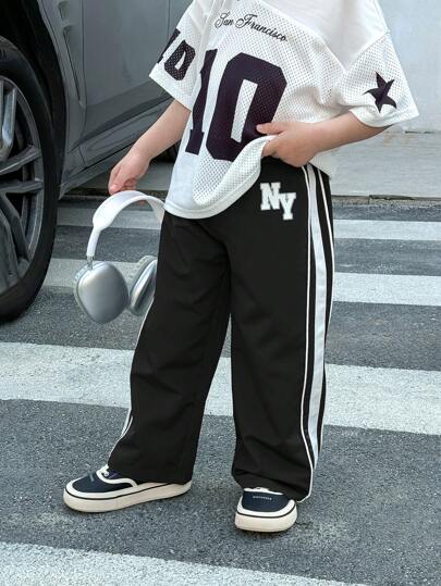 SHEIN 1pc Young Boy Casual Sports Embroidered Pattern Splice Webbing Drawstring Waist Loose Straight Solid Color Pants, Suitable For Commuting, School, Daily Casual, Travel, Sports, Spring/Summer/Autumn/Winter