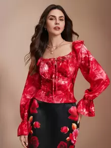 Chiquease Women's Elegant Printed Square Collar Shirt, Minimalist Style For Casual Daily Wear Fall Cloth For Women