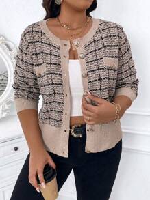 Calvaya Cárdigan de cuello redondo con botones frontales, manga larga, a cuadros y de talla grande para invierno - Multicolor - Ver 5