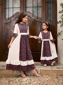 Mädchen einfaches Mode Weiss & Schwarz Veilchen Blumen Rundhals-Kleid mit Rüschensaum