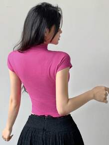 DAZY 女士无袖露背短款上衣短袖方领 T 恤，夏季 - 玫紅色 - 查看 5