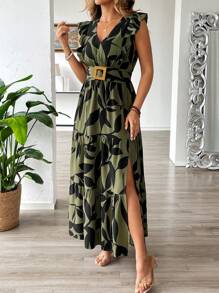Breezaya Plus Size Women's Elegant French Style Casual/Vacation Beach Long V-Neck Sleeveless Layered A-Line Dress With Wooden Button Decoration, Spring/Summer