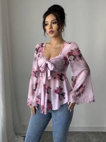 Rafferiza 法式休闲性感度假透明花卉蝴蝶结不对称下摆荷叶边长袖伊比沙岛风格女式 T 恤