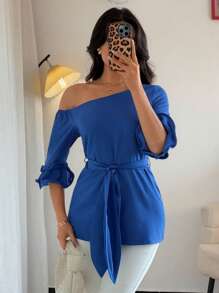 Chiquease Áo cánh tay chuông cổ bẻ bất đối xứng mùa hè cho nữ có cạp chun và nơ, thích hợp cho các buổi đi chơi, hẹn hò, kỳ nghỉ, lễ hội âm nhạc, đám cưới - Màu xanh lam - Xem 3