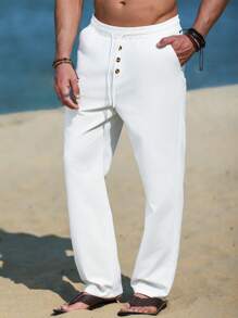 Manfinity RSRT Men Drawstring Waist Straight Leg Pants, Plain Vacation Slacks Pants, For Daddy & Husband, Boyfriend Gifts - White - View 6