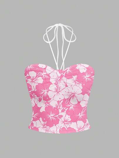 SHEIN MOD Damski swobodny, marszczony biust, bez rękawów, kwiatowy nadruk, halter top, odpowiedni na lato