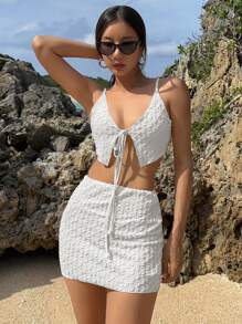 DAZY Set da 2 pezzi per donna, costume da bagno e coprispalle, tessuto strutturato, top tankini sexy con scollo alla halter e mini gonna abbinata, casual e versatile