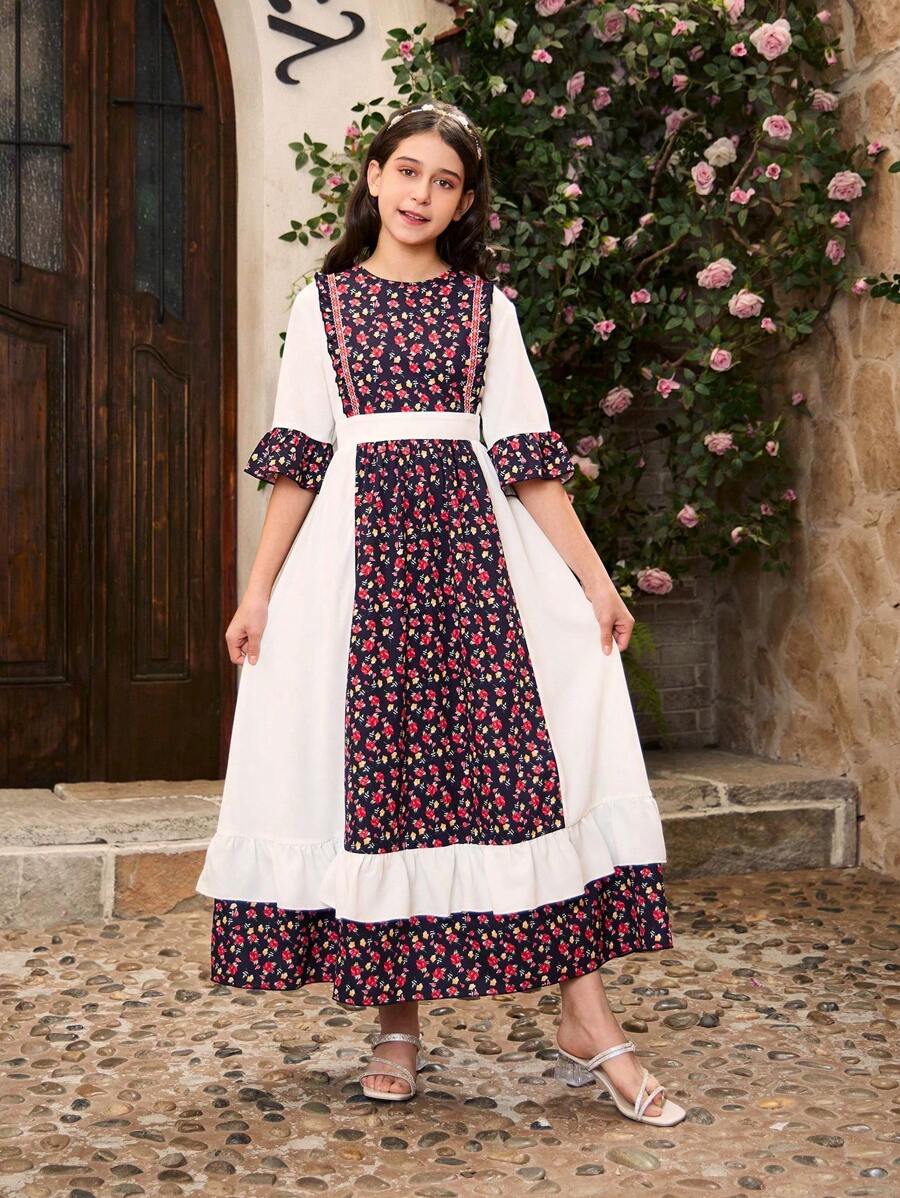 Mädchen einfaches Mode Weiss & Schwarz Veilchen Blumen Rundhals-Kleid mit Rüschensaum