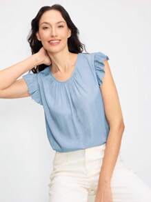 EMERY ROSE 女士纯色圆领荷叶边休闲衬衫 - 淺色水洗藍 - 查看 4