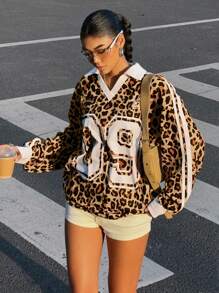 Muchica Sudadera holgada con capucha de manga larga con estampado numérico de leopardo para mujer