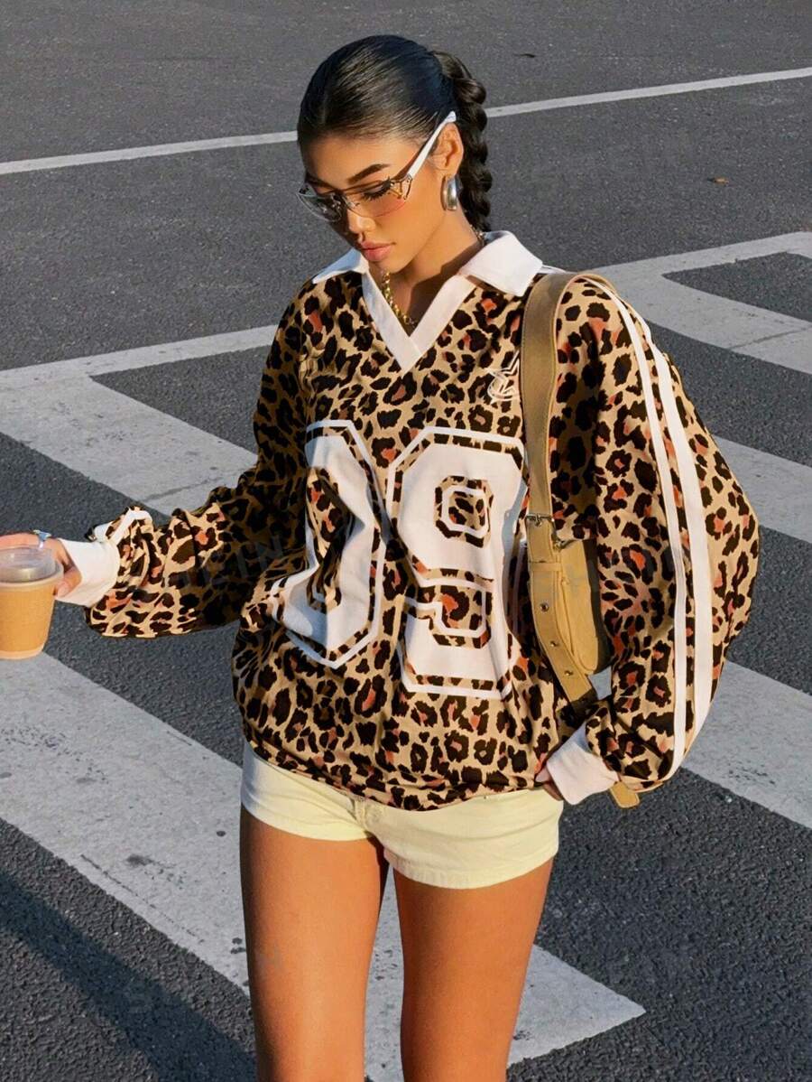 Muchica Sudadera holgada con capucha de manga larga con estampado numérico de leopardo para mujer