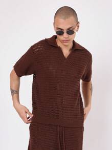 SUMWON Designer Openwork Knit Polo Co-Ord Set Short Sleeve Summer Lounge Wear Casual Knitwear Two-Piece Outfit Textured Beach Resort Wear - Coffee Brown - View 3