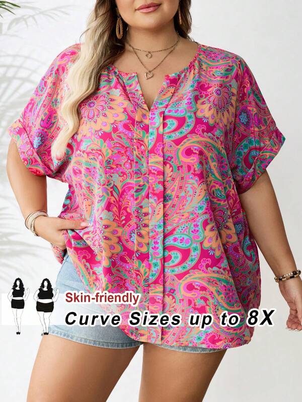 SHEIN CURVE+ Camisa suelta de manga dolman de talla grande con estampado de cachemira, ropa de vacaciones de Nashville, estilo bohemio de primavera