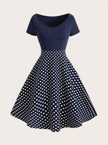 Sweetra Women High Waist A-Line Knee-Length Polka Dot Short Sleeve Dress (Random Cutting)