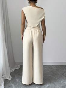 Selianne 女士两件套：优雅单肩无袖不对称下摆修身上衣和宽松直筒裤，休闲夏日度假装 - 杏色 - 查看 2