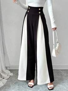 Chiquease Black & White Patchwork Metal Buckle Casual Commuter Style Pants - Black and White - View 3