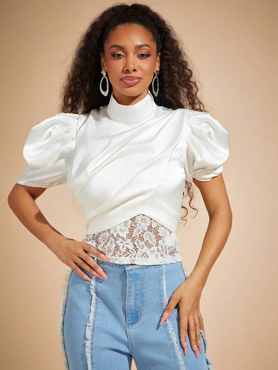 Vixey 2 Pcs Puff Sleeve Satin Top With Lace Cami Top Set, Office Casual, Boho, Old Money - White - View 1