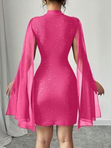 Elenzga Women's Glossy Mock Neck Patchwork Ruffle Decor Fashionable Mini Dress - Hot Pink - View 2