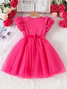 Young Girls' Summer Mesh Splicing Cap Sleeve Cute Dress - Hot Pink - View 2