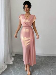 Elenzga Women's Long Folded Ruffle Sleeve Metallic Dress - Pink - View 4