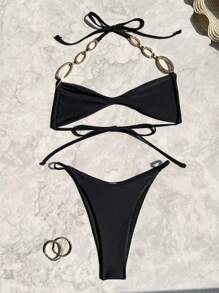 Swim SXY Women's New Solid Color Bikini Set With Tie Halter Design, Backless, Sexy, European & American Style Swimwear For Summer - Black - View 5