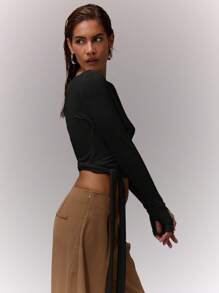 MUSERA Áo kiểu cổ chữ V buộc dây, phong cách thường ngày, thích hợp cho kỳ nghỉ, sân bay, ngày lễ, đi học, thanh lịch, mùa xuân hè. - màu đen - Xem 3