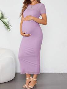 SHEIN Maternity Round Neck Form-Fitting Mid-Length Dress - Purple - View 4