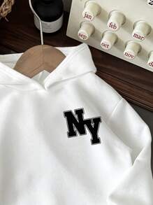 SHEIN Teen Boy Casual Minimalist NY Letter Graphic Thick Hoodie Sweatshirt, Suitable For Autumn