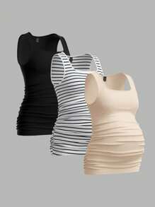 SHEIN 3pcs Maternity Casual Minimalist Ruched Fitted Camisole Set - Apricot - View 5