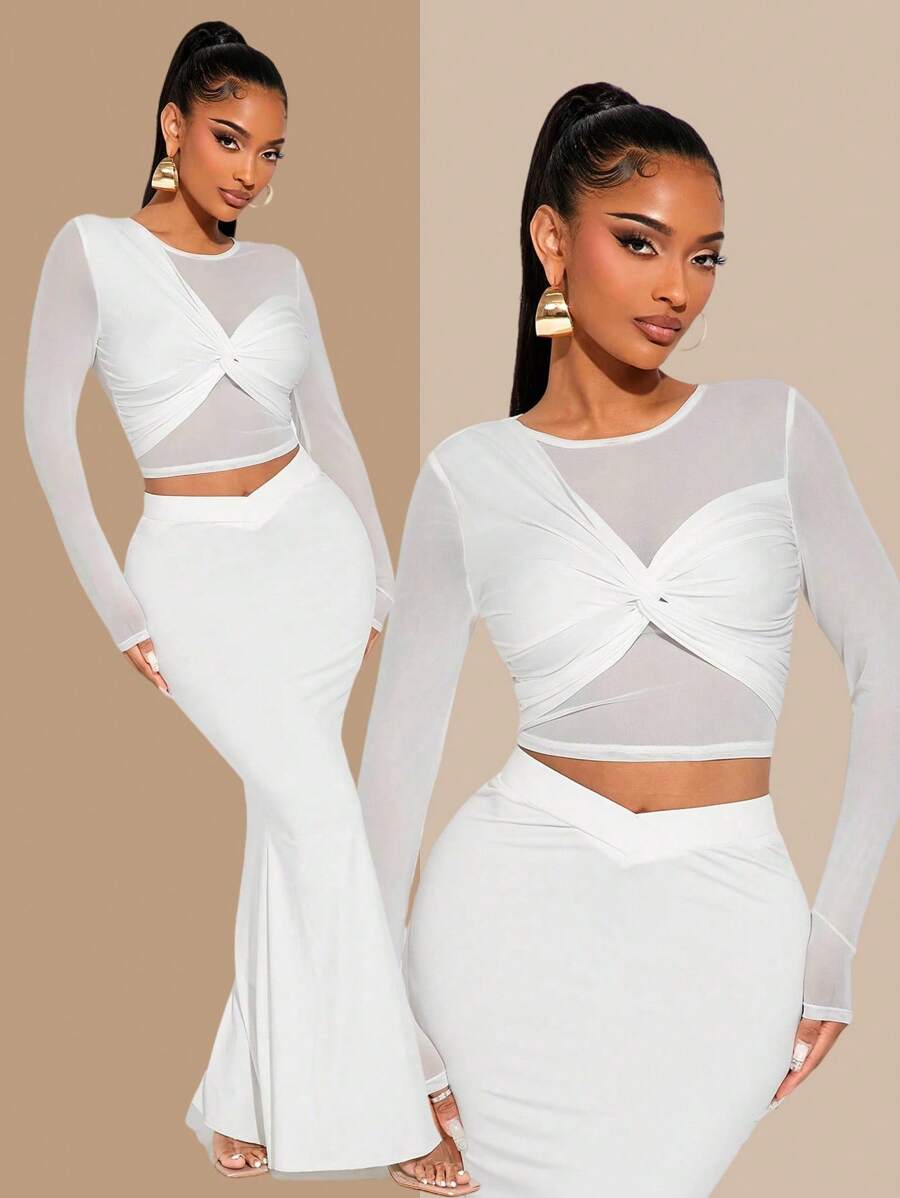 SHEIN SXY Élégant T-shirt asymétrique en maille transparente et blanc unicolore, style minimaliste pour le travail, les fêtes, les rendez-vous, les anniversaires, le quotidien décontracté, le printemps/l'été