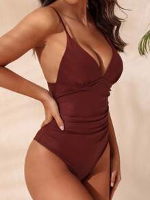 Swim Chiccia 1 件女士纯色深 V 褶饰性感吊带背心泳衣 - 咖啡棕 - 查看 4