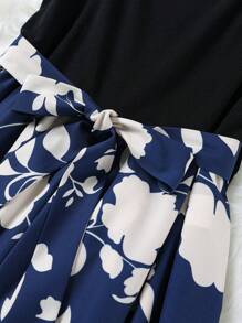 SHEIN LUNE Mono informal de talla grande con detalles contrastantes, tirantes con nudo al frente, estilo occidental, para mujer, look bohemio, hippie, vaquero, dinero viejo - Azul Marino - Ver 4