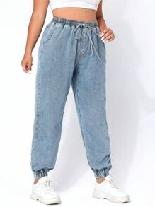 SHEIN EZwear Jeans décontractés pour femmes grandes tailles avec ceinture à nouer, poches et cordon de serrage, longueur cheville