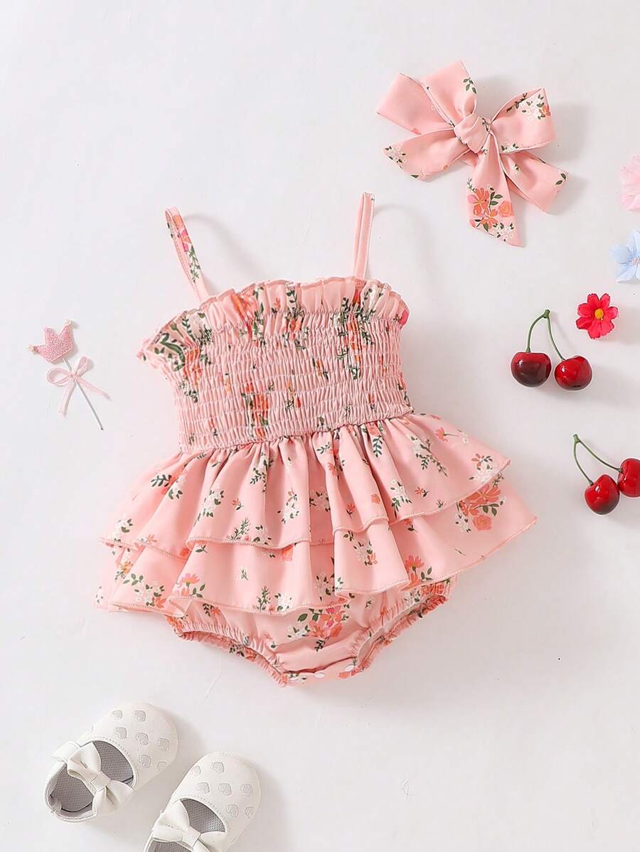 SHEIN Baby Girl Summer Spaghetti Strap Bodysuit With Layered Ruffled Hem, Cute Daily Outing Necessity - Orange - View 1