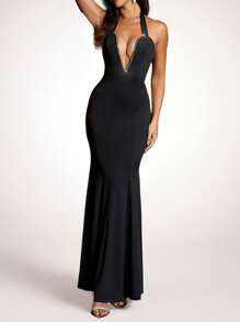 Coutiva Vestido de cóctel con cuello halter sencillo y elegante, adecuado para el verano. Vestido de noche de lujo largo que afina la cintura y el pecho, ideal para bodas. Vestido de graduación y vestido de novia para mujeres. Vestido para invitadas de boda. Vestido de fiesta y vestido de cumpleaños para mujeres. Vestido elegante y ceñido con lentejuelas y abalorios de alta gama, vestido de fiesta.