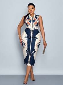 SOLERSUN Đầm Maxi Không Tay In Hình Bodycon Phối Nút Phía Trước Thời Trang Cho Nữ Cỡ Lớn Đi Nghỉ Mát - Màu xanh lam - Xem 5