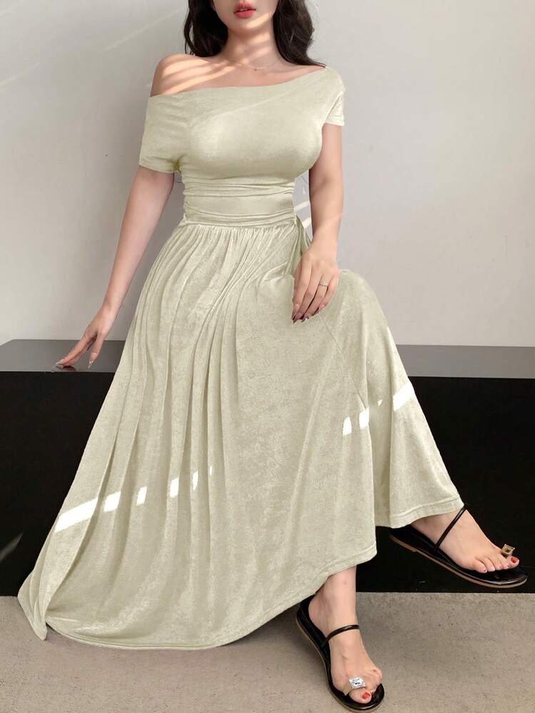 2pcs Women Asymmetrical Neck Top And Wide Leg Pants Set